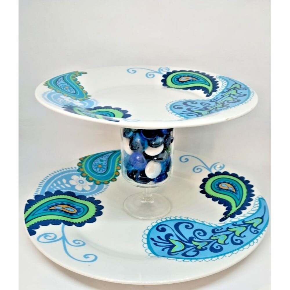 Royal Norfolk Blue Paisley Two-Tier Serving Tray Ceramic Hand Crafted 6" High